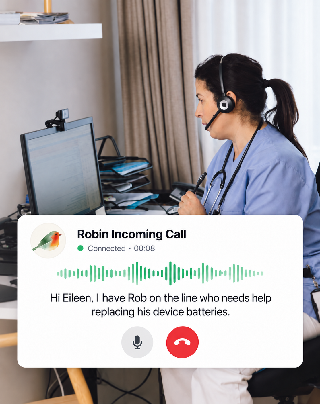 A care coordinator at her desk with a Robin incoming call card showing Robin speaking with a member about replacing his device batteries
