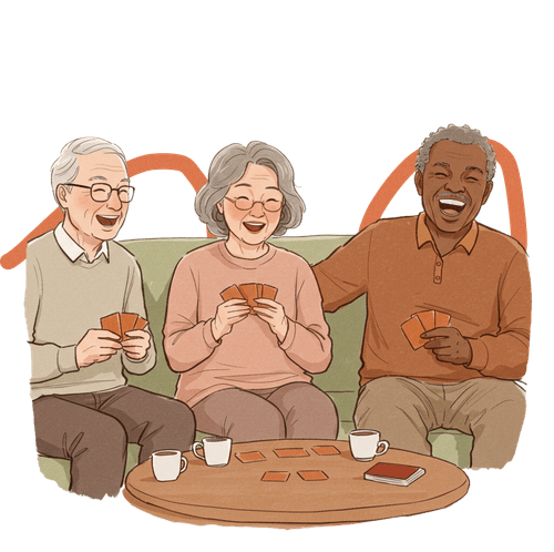Illustration of three older adults laughing and playing cards together around a coffee table